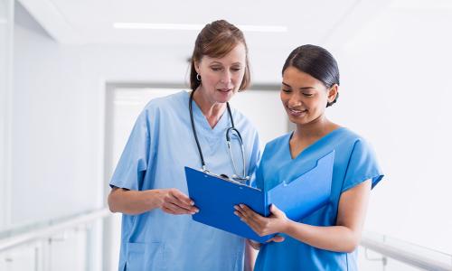 Nursing Badge Banner Nurse administrator reviewing patient charts with RN